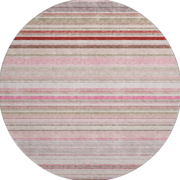 HomeRoots 8' Stylish Pink, Burgundy & Ivory Striped Washable Round Rug with UV Protection for Busy Homes 677318
