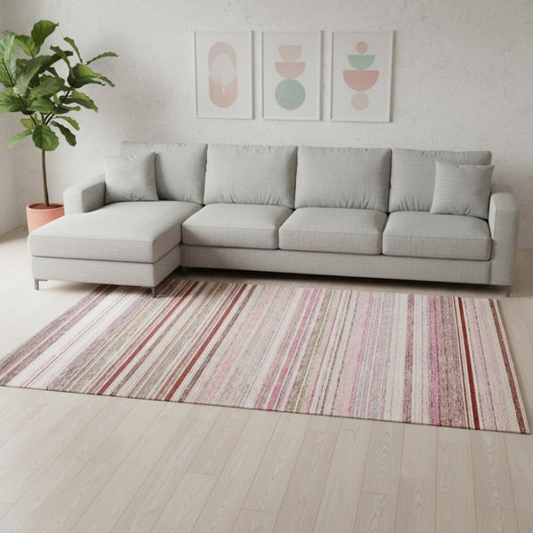 HomeRoots 8' X 10' Washable Striped Area Rug in Pink, Burgundy & Ivory – Durable, UV-Protected & Stylish Design! 677319