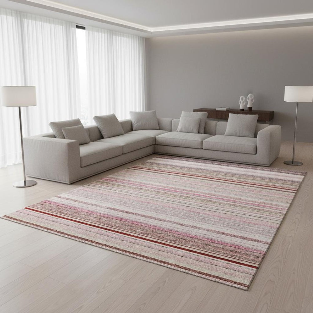 HomeRoots 9' X 12' Stylish Pink Burgundy Ivory Striped Washable Area Rug with UV Protection for Any Room 677320