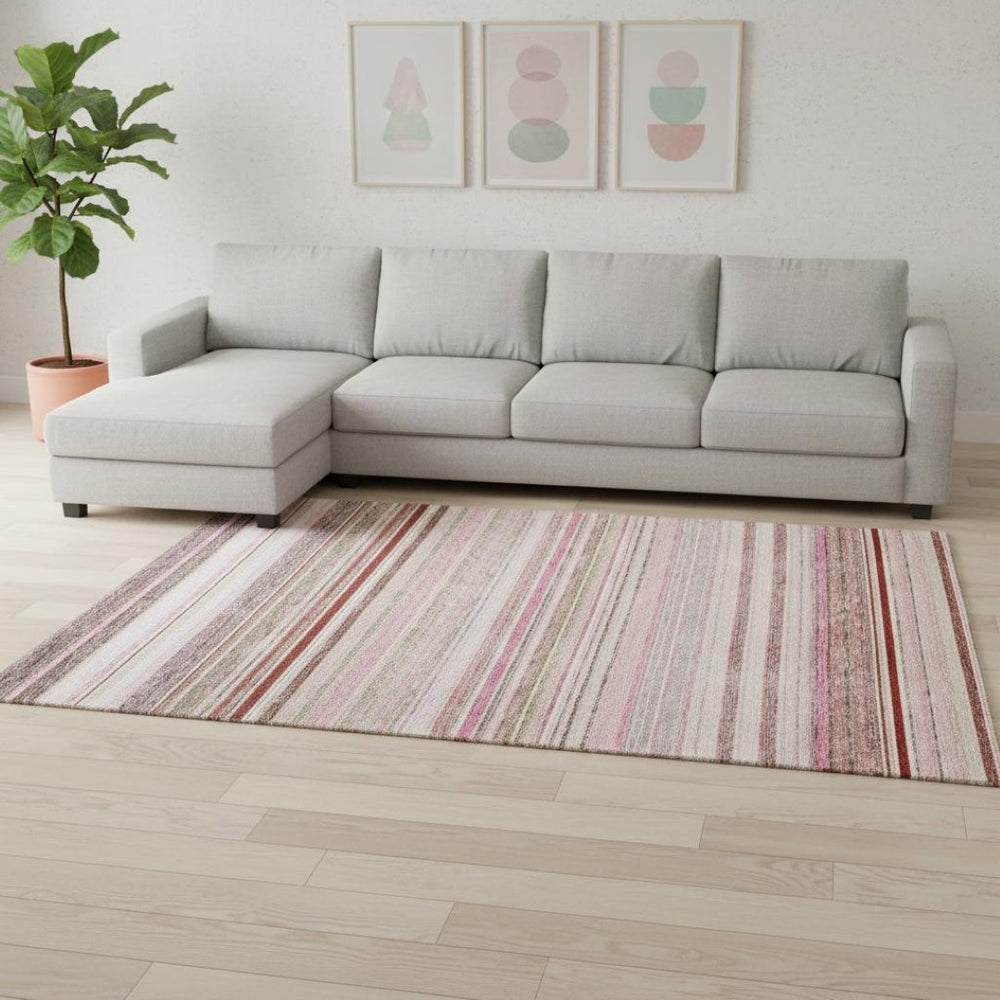 HomeRoots 10' Washable Area Rug in Pink, Burgundy & Ivory Stripes - Durable, UV-Protected, Ideal for Homes! 677321