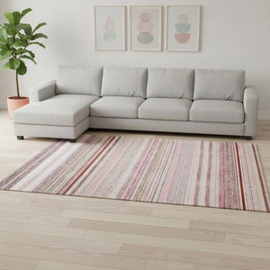 HomeRoots 10' Washable Area Rug in Pink, Burgundy & Ivory Stripes - Durable, UV-Protected, Ideal for Homes! 677321
