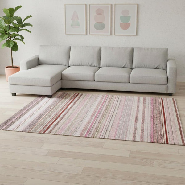 HomeRoots 10' Washable Area Rug in Pink, Burgundy & Ivory Stripes - Durable, UV-Protected, Ideal for Homes! 677321