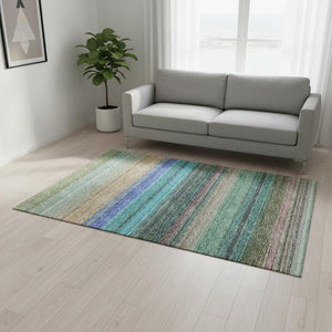 HomeRoots 5' X 8' Sage Teal And Lavender Striped Area Rug - Washable, UV Protected, Perfect for Families & Pets 677323