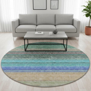 HomeRoots 8' Stylish Sage, Teal & Lavender Striped Washable Round Rug with UV Defense for Everyday Durability 677324
