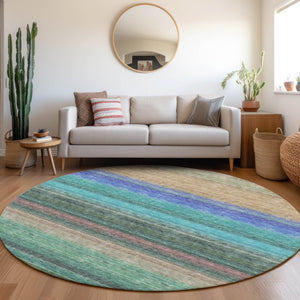 HomeRoots 8' Stylish Sage, Teal & Lavender Striped Washable Round Rug with UV Defense for Everyday Durability 677324
