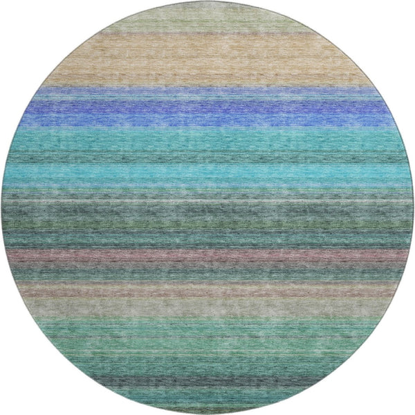 HomeRoots 8' Stylish Sage, Teal & Lavender Striped Washable Round Rug with UV Defense for Everyday Durability 677324