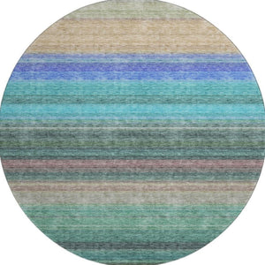 HomeRoots 8' Stylish Sage, Teal & Lavender Striped Washable Round Rug with UV Defense for Everyday Durability 677324