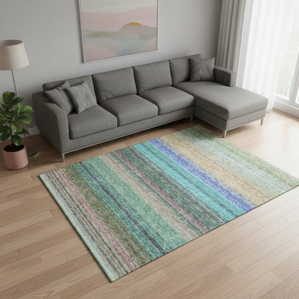 HomeRoots 9' X 12' Sage Teal and Lavender Striped Area Rug - Durable, Washable, UV Protected for Busy Homes 677326