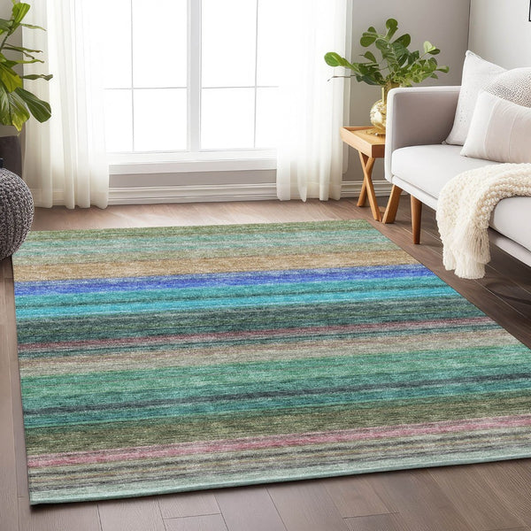 HomeRoots 9' X 12' Sage Teal and Lavender Striped Area Rug - Durable, Washable, UV Protected for Busy Homes 677326