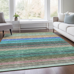 HomeRoots 9' X 12' Sage Teal and Lavender Striped Area Rug - Durable, Washable, UV Protected for Busy Homes 677326