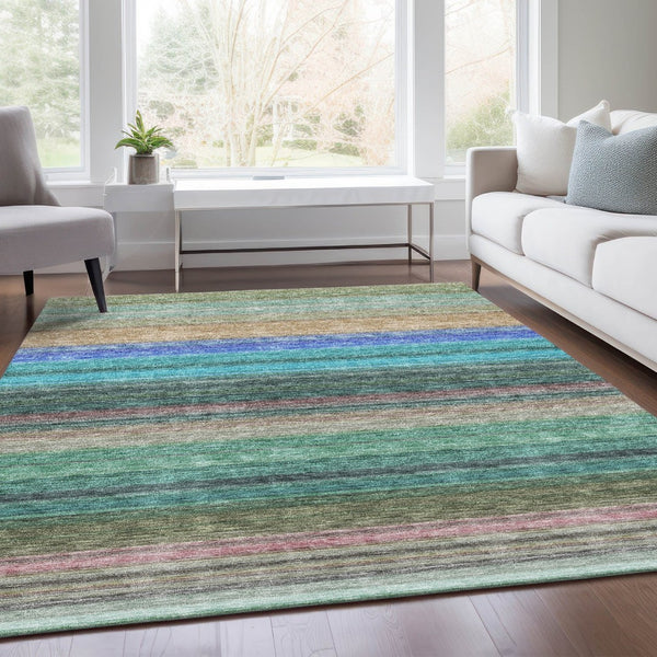 HomeRoots 9' X 12' Sage Teal and Lavender Striped Area Rug - Durable, Washable, UV Protected for Busy Homes 677326