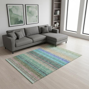 HomeRoots 10' X 14' Sage Teal & Lavender Striped Area Rug - Washable, UV-Protected, Durable & Stylish Decor 677327