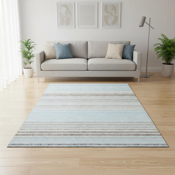 HomeRoots 5' X 8' Striped Sky Blue Gray Ivory Area Rug – Washable, UV Protected, Durable for High-Traffic Spaces 677329