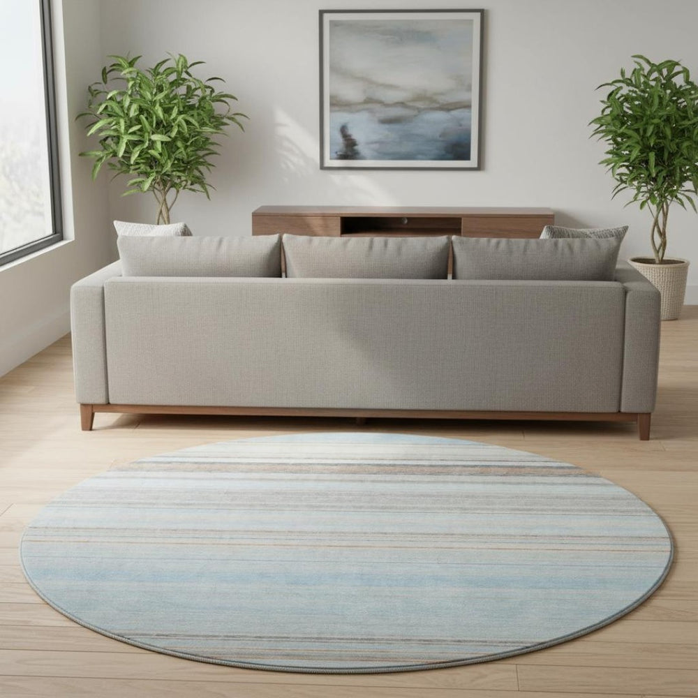 HomeRoots 8' Sky Blue Gray and Ivory Striped Round Rug – Washable, UV Protected, Ideal for Busy Homes & Kids 677330