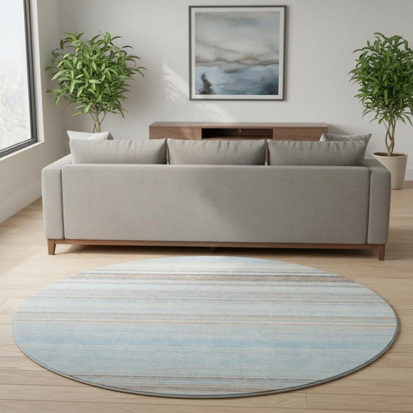 HomeRoots 8' Sky Blue Gray and Ivory Striped Round Rug – Washable, UV Protected, Ideal for Busy Homes & Kids 677330