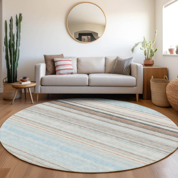 HomeRoots 8' Sky Blue Gray and Ivory Striped Round Rug – Washable, UV Protected, Ideal for Busy Homes & Kids 677330