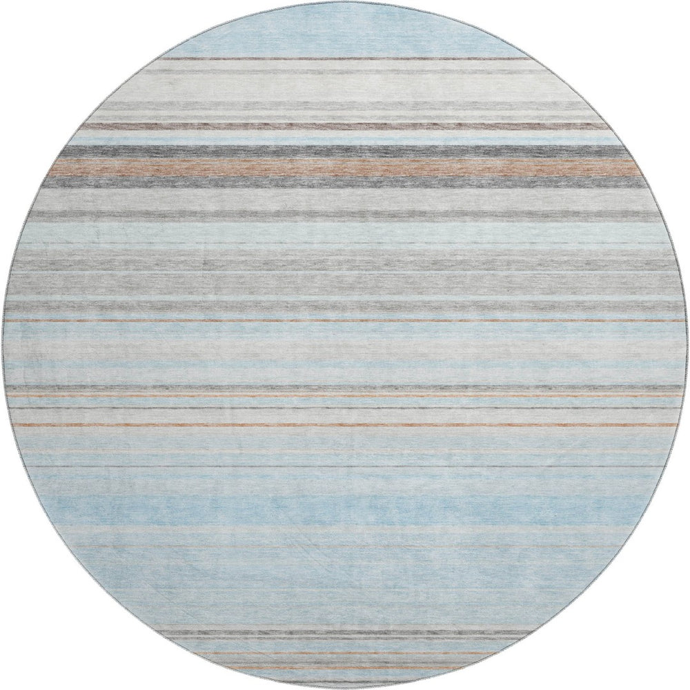 HomeRoots 8' Sky Blue Gray and Ivory Striped Round Rug – Washable, UV Protected, Ideal for Busy Homes & Kids 677330