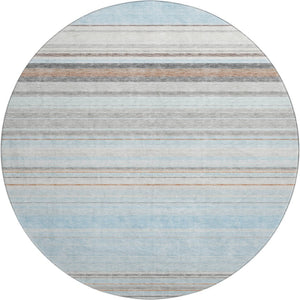 HomeRoots 8' Sky Blue Gray and Ivory Striped Round Rug – Washable, UV Protected, Ideal for Busy Homes & Kids 677330