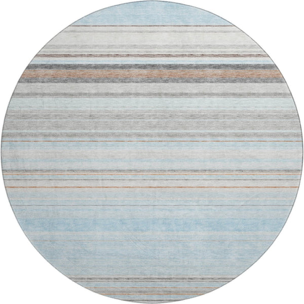 HomeRoots 8' Sky Blue Gray and Ivory Striped Round Rug – Washable, UV Protected, Ideal for Busy Homes & Kids 677330