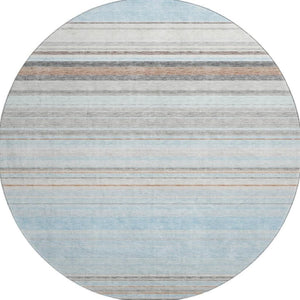 HomeRoots 8' Sky Blue Gray and Ivory Striped Round Rug – Washable, UV Protected, Ideal for Busy Homes & Kids 677330
