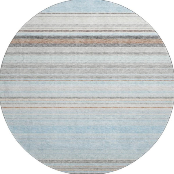 HomeRoots 8' Sky Blue Gray and Ivory Striped Round Rug – Washable, UV Protected, Ideal for Busy Homes & Kids 677330