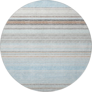 HomeRoots 8' Sky Blue Gray and Ivory Striped Round Rug – Washable, UV Protected, Ideal for Busy Homes & Kids 677330