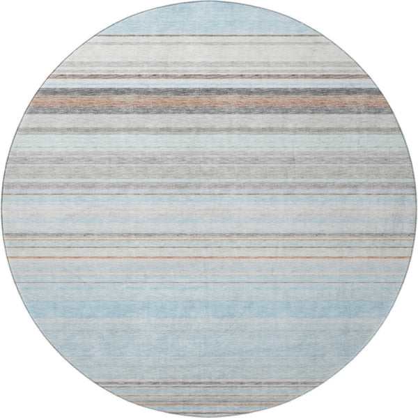 HomeRoots 8' Sky Blue Gray and Ivory Striped Round Rug – Washable, UV Protected, Ideal for Busy Homes & Kids 677330