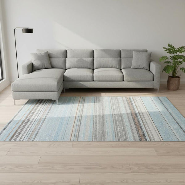 HomeRoots 8' X 10' Coastal-Inspired Sky Blue and Ivory Striped Area Rug - Washable, UV Protected, Durable Design 677331