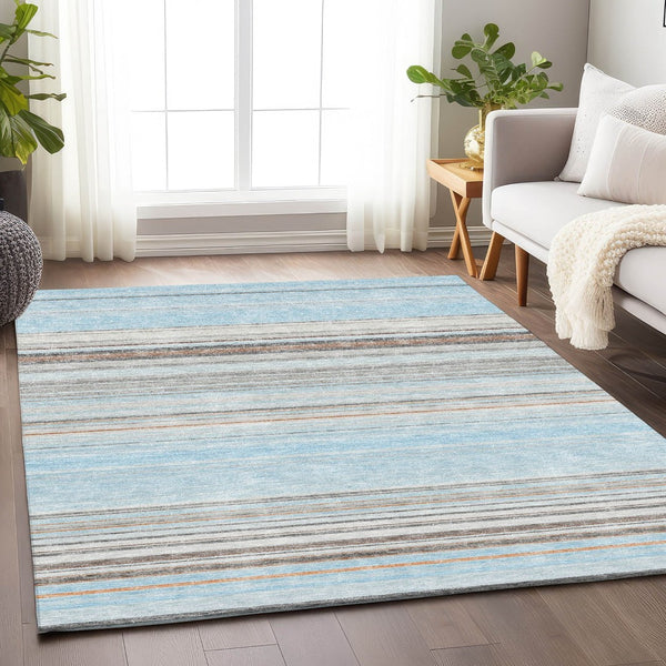 HomeRoots 8' X 10' Coastal-Inspired Sky Blue and Ivory Striped Area Rug - Washable, UV Protected, Durable Design 677331