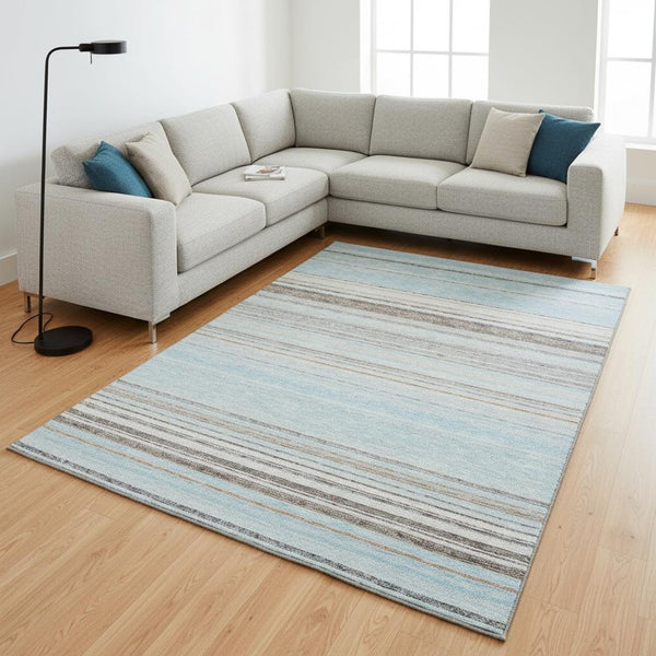 HomeRoots 9' X 12' Sky Blue Gray Ivory Striped Area Rug - Washable, UV Protected, Durable & Stain Resistant Design 677332