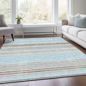 HomeRoots 9' X 12' Sky Blue Gray Ivory Striped Area Rug - Washable, UV Protected, Durable & Stain Resistant Design 677332