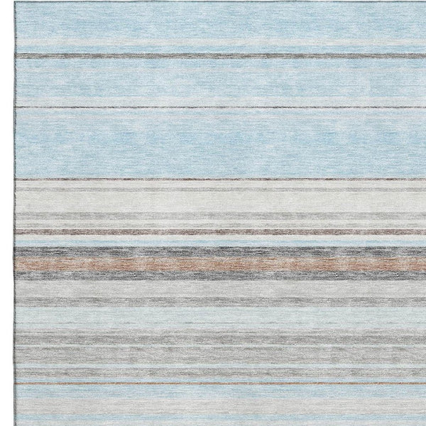 HomeRoots 9' X 12' Sky Blue Gray Ivory Striped Area Rug - Washable, UV Protected, Durable & Stain Resistant Design 677332