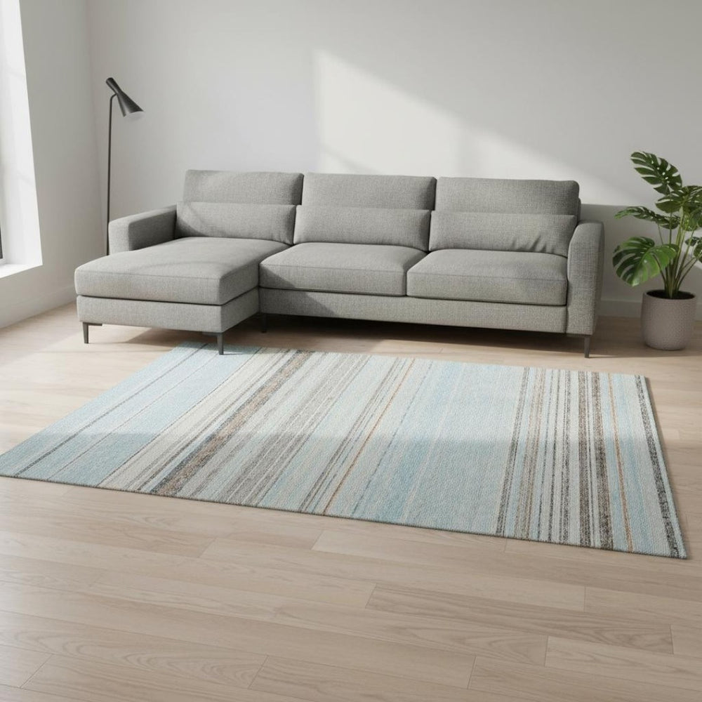 HomeRoots 10' Striped Sky Blue, Gray & Ivory Washable Area Rug with UV Protection for Coastal Living Spaces 677333