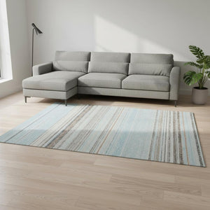 HomeRoots 10' Striped Sky Blue, Gray & Ivory Washable Area Rug with UV Protection for Coastal Living Spaces 677333