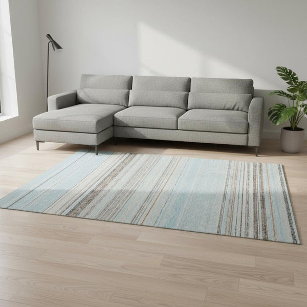 HomeRoots 10' Striped Sky Blue, Gray & Ivory Washable Area Rug with UV Protection for Coastal Living Spaces 677333