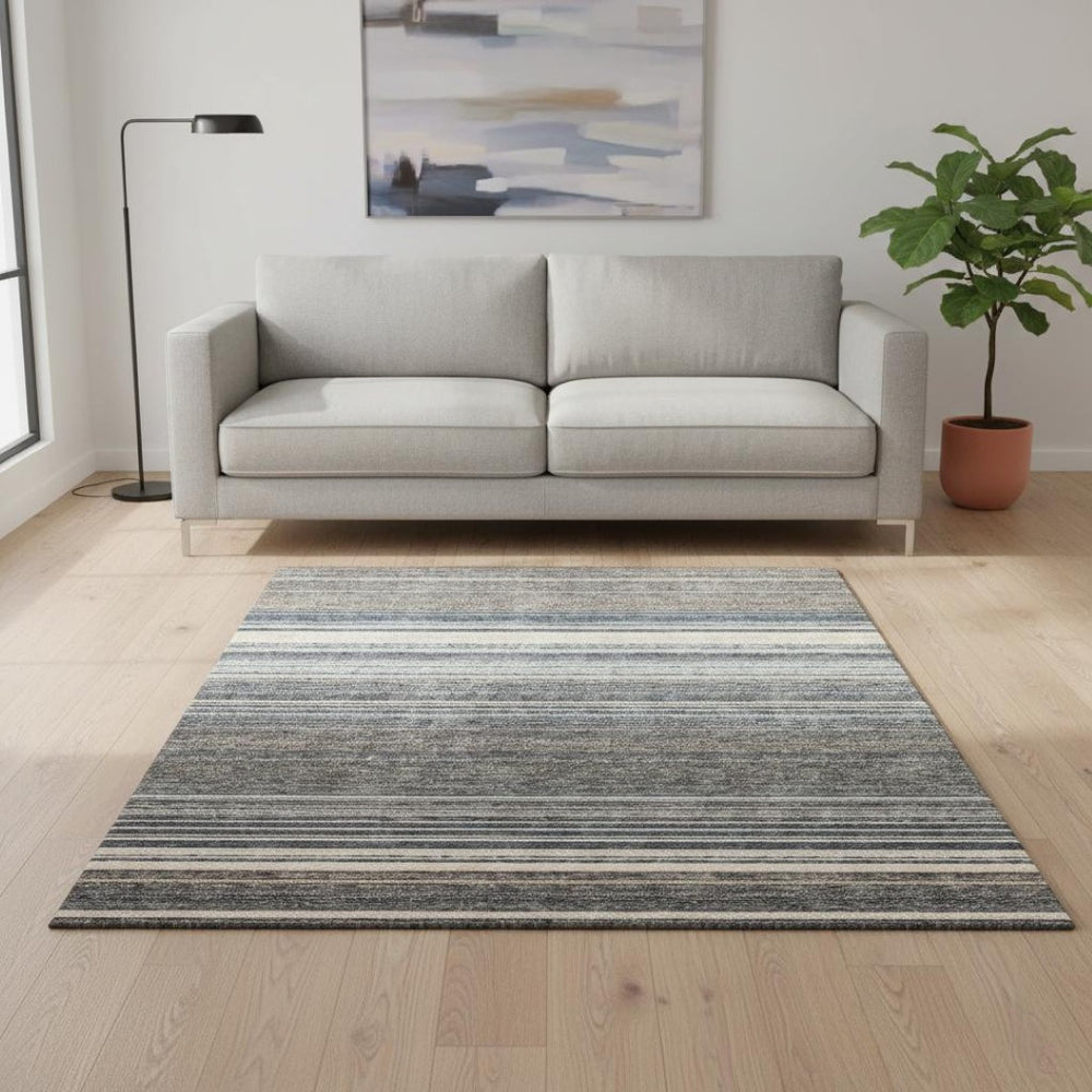 HomeRoots 5' Taupe Beige & Gray Striped Washable Area Rug - UV Protected, Durable for High-Traffic Spaces! 677335