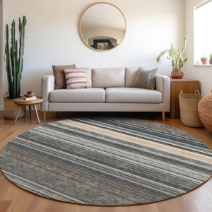 HomeRoots 8' Stylish Taupe Beige and Gray Striped Round Rug - Washable, UV Protected, Ideal for High-Traffic Areas 677336