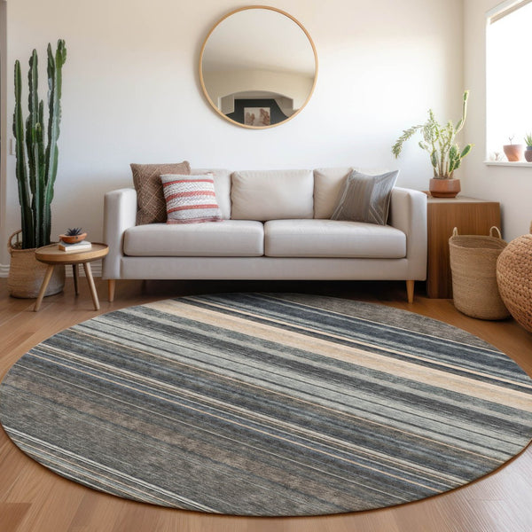 HomeRoots 8' Stylish Taupe Beige and Gray Striped Round Rug - Washable, UV Protected, Ideal for High-Traffic Areas 677336