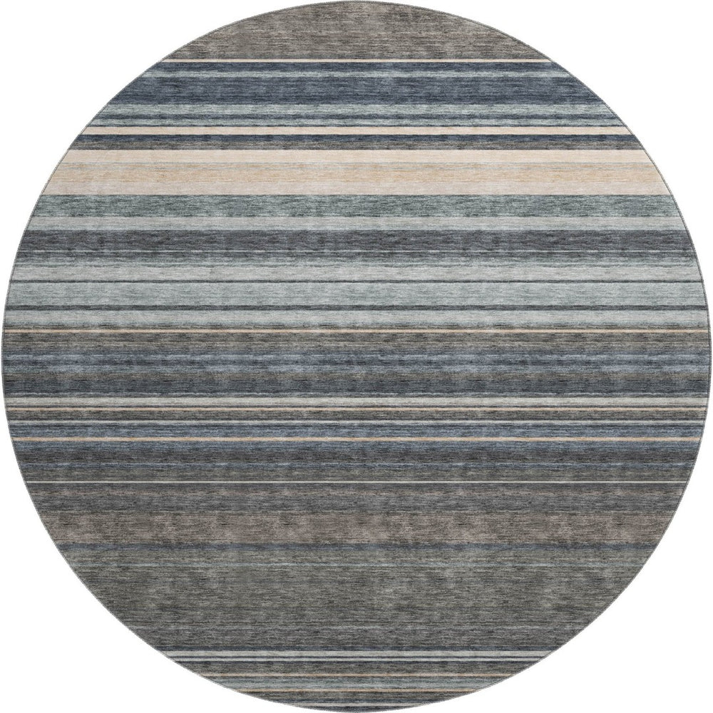 HomeRoots 8' Stylish Taupe Beige and Gray Striped Round Rug - Washable, UV Protected, Ideal for High-Traffic Areas 677336