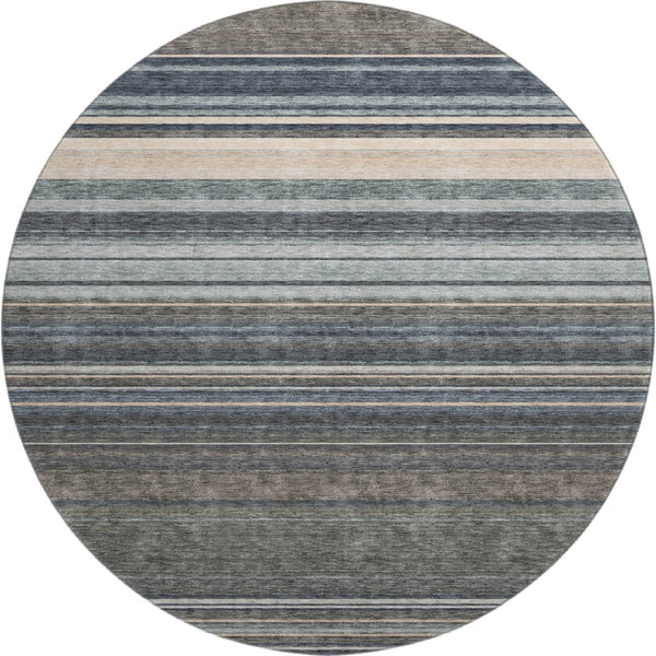 HomeRoots 8' Stylish Taupe Beige and Gray Striped Round Rug - Washable, UV Protected, Ideal for High-Traffic Areas 677336