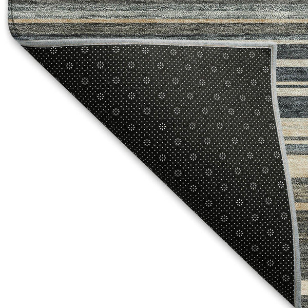 HomeRoots 8' Stylish Taupe Beige and Gray Striped Round Rug - Washable, UV Protected, Ideal for High-Traffic Areas 677336