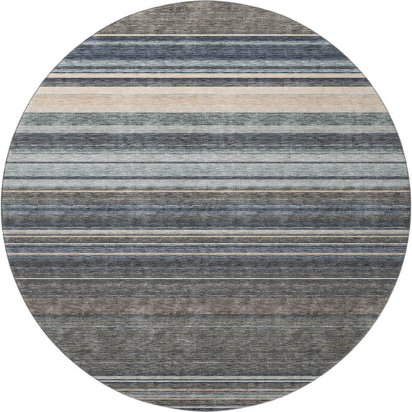 HomeRoots 8' Stylish Taupe Beige and Gray Striped Round Rug - Washable, UV Protected, Ideal for High-Traffic Areas 677336