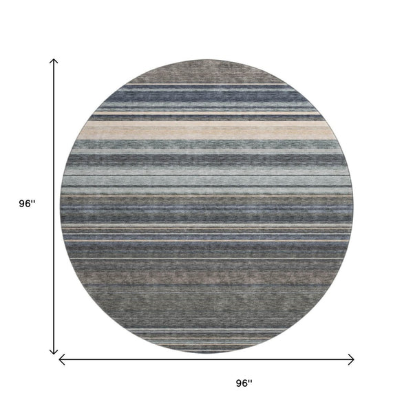 HomeRoots 8' Stylish Taupe Beige and Gray Striped Round Rug - Washable, UV Protected, Ideal for High-Traffic Areas 677336