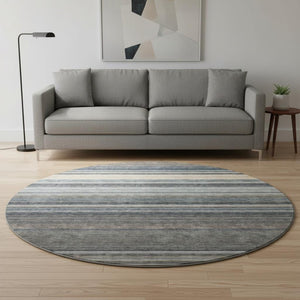 HomeRoots 8' Stylish Taupe Beige and Gray Striped Round Rug - Washable, UV Protected, Ideal for High-Traffic Areas 677336