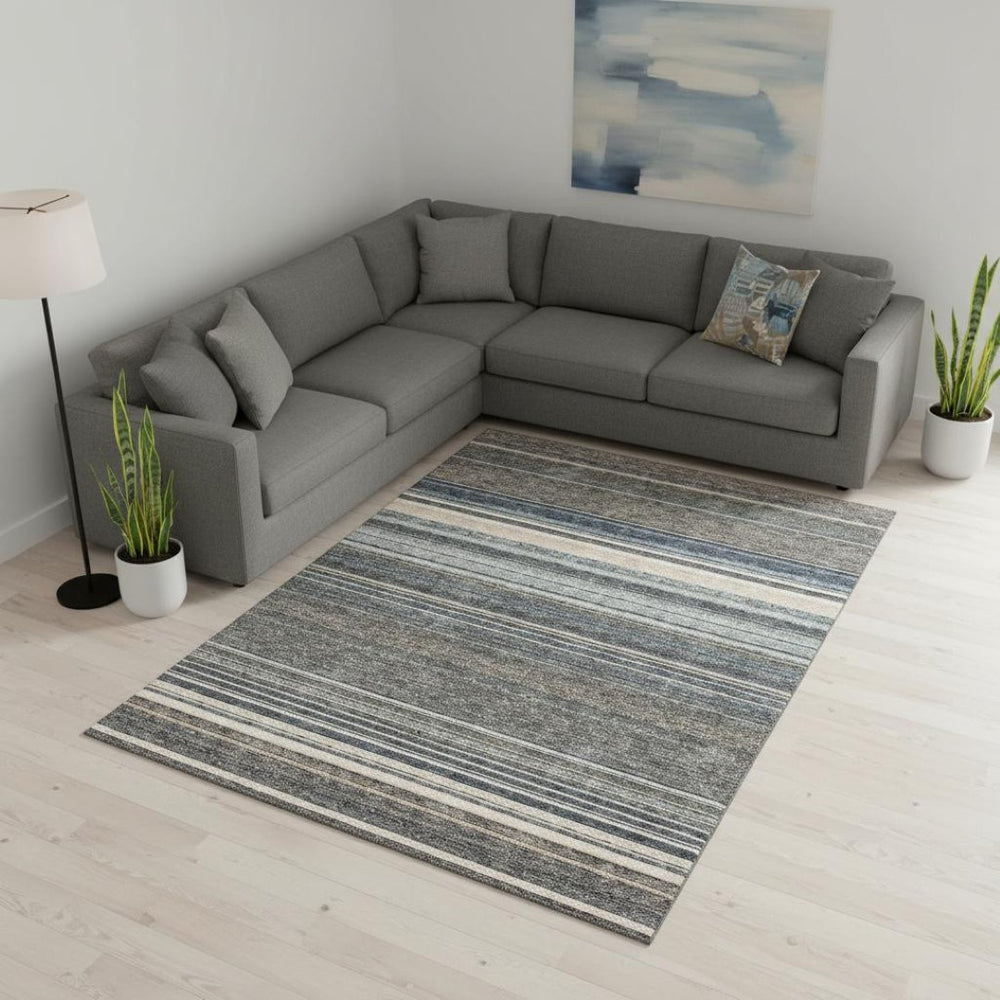 HomeRoots 9' X 12' Stylish Taupe Beige & Gray Striped Washable Area Rug with UV Protection for High Traffic Areas 677338