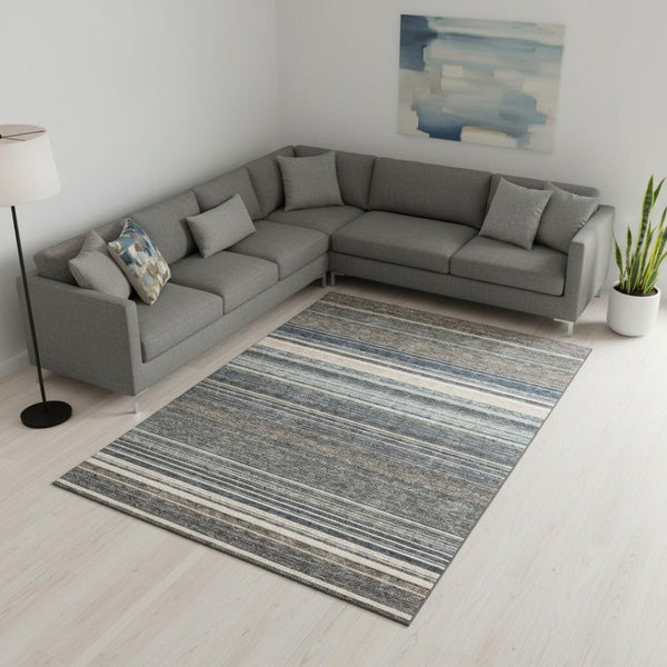 HomeRoots 10' X 14' Taupe Beige & Gray Striped Area Rug - Washable, Stain Resistant with UV Protection 677339