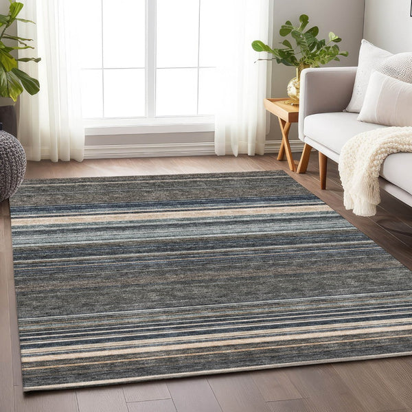 HomeRoots 10' X 14' Taupe Beige & Gray Striped Area Rug - Washable, Stain Resistant with UV Protection 677339