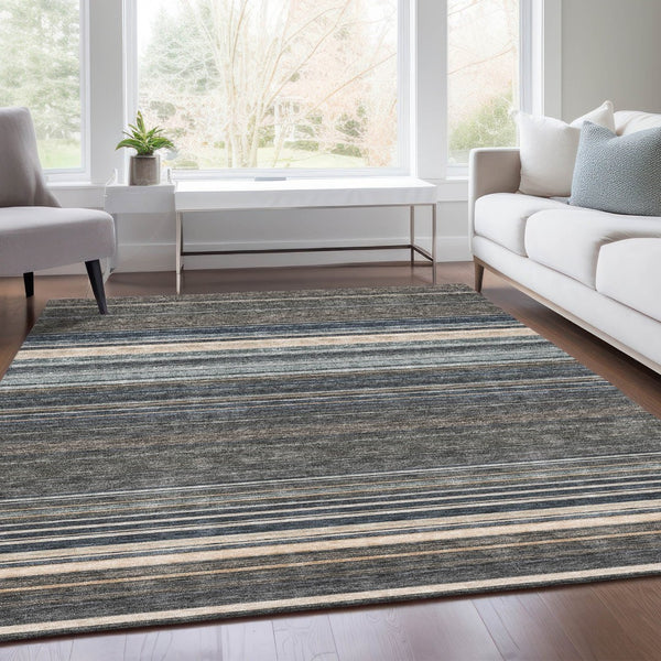 HomeRoots 10' X 14' Taupe Beige & Gray Striped Area Rug - Washable, Stain Resistant with UV Protection 677339