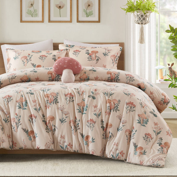 English Elm 4-piece Whimsical Mushroom Floral Microfiber Comforter Set with Shaped Accent Pillow Blush Multi B035P482877