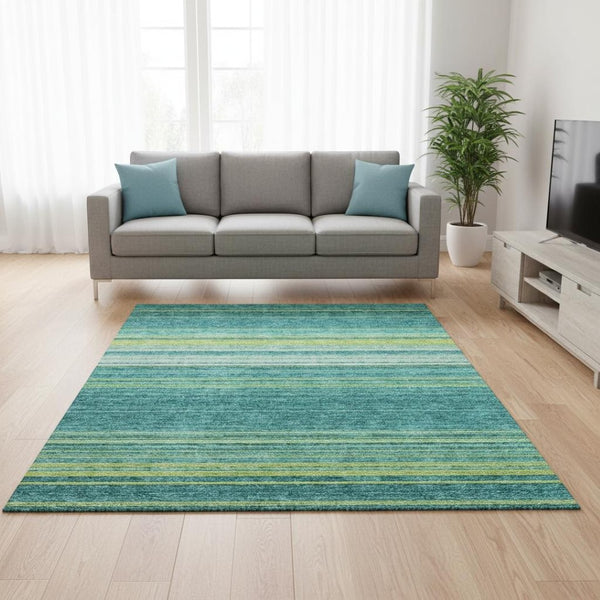 HomeRoots 5' X 8' Washable Striped Area Rug in Teal, Lime Green & Sky Blue - Stain Resistant & UV Protected! 677341